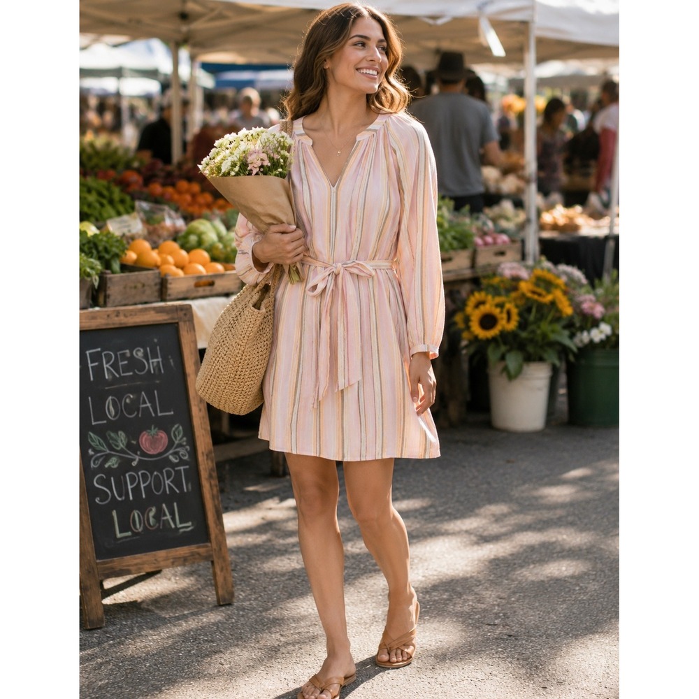 Xirena Sabrine Dress Villa Striped Tie Waist Pink Orange Brown Cotton Size Small